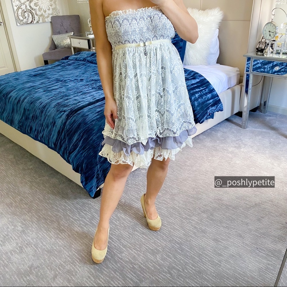 Grey strapless tiered Ruffle Lace Up crochet flower detail mini dress